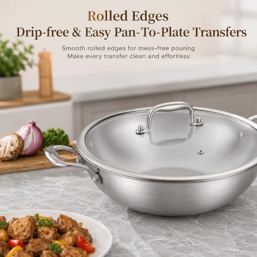DELARLO Tri-Ply Stainless Steel Flat Bottom Wok, 13 Inch Braiser Pan with Lid, Durable Large Frying pan, Fast Even Heat Saute Pan, Non Toxic Pan for Cooking, Oven Broiler Safe 600F(Not lids)