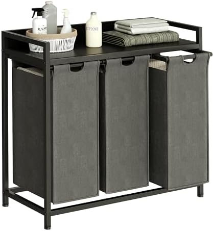 Herture Laundry Hamper with Shelf, Laundry Basket 3 Section, Laundry Sorter with Pull-Out Removable Large Bags and Movable Wheels, Metal Frame, 3 x 15.87 Gallons (60L), Black and Gray PF04XLC