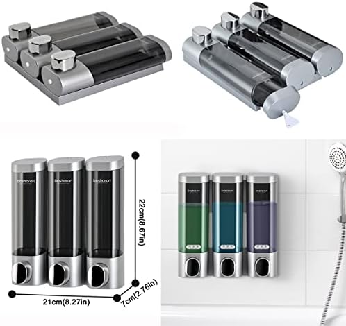 Triple Soap Dispenser Plastic Wall Mount Manual Liquid 3x300ml Shampoo dispensers with Lock for Bathroom (Silver Grey)