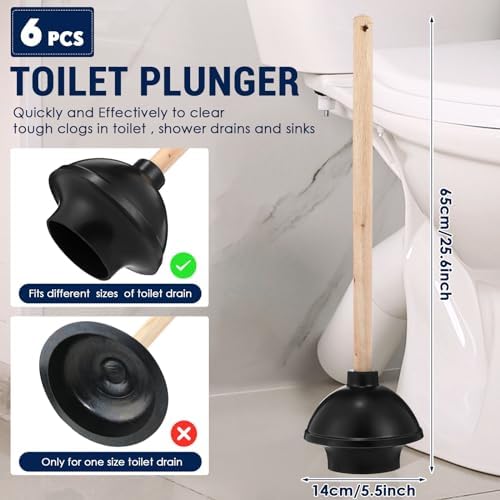 Dandat 6 Pcs Heavy Duty Rubber Toilet Plunger with Wooden Handle, Black