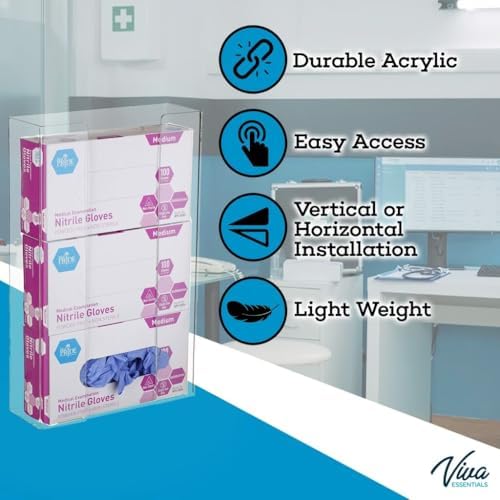 AdirMed VivaEssentials Triple Glove Box Holder, Wall Mount or Free Standing Clear Acrylic Glove Holder
