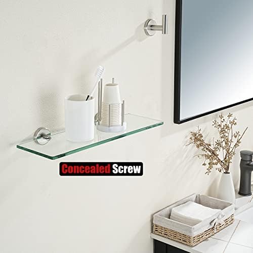 JQK Bathroom Glass Shelf, Tempered Glass Shower Storage 14 by 5 inches, 304 Stainless Steel Brushed Finish Wall Mount, TGS101L14-BN