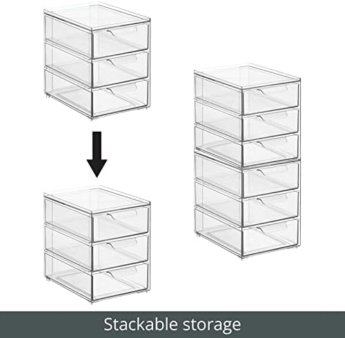 mDesign Plastic Stackable Organizer with 3 Drawers - Pull-Out Drawer Storage Bin for Bathroom Sink/Cabinet Organization - Perfect for Makeup, Small Towels, and More - Lumiere Collection, 4 Pack, Clear
