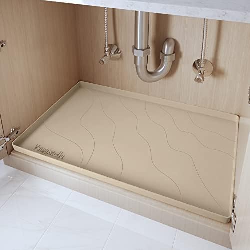 Heavy Duty Silicone Under Sink Mat for Kitchen&Bathroom 25" x 19",Waterproof Under Sink Rubber Mat Drip Tray, Raised Edge Under Sink Liner,Prevent Drips, Leaks, Spills,Beige