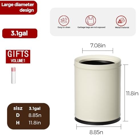 12L/3.1GAL White Bathroom Trash Can Without Lid, Small Wastebasket for Office,Metal Garbage Can for Bedroom,Children's Room, Powder Room,Hotel,Bank (12L-White)