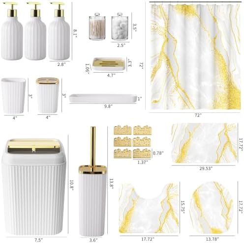 21PCS Bathroom Sets with Shower Curtain and Rugs Bathroom Accessories Set White Bathroom Set Complete with Trash Can, Toilet Brush, Qtip Holder & 3PCS Soap Dispenser