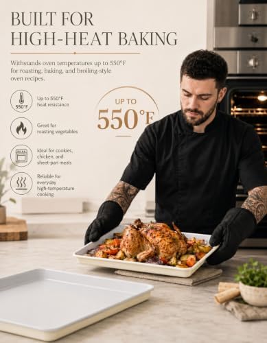 Boxiki Kitchen Ceramic Baking Sheet Half Size 17"x11" - Heavy Duty 0.6mm Aluminized Steel Pan, KFCC Ceramic Nonstick Cookie Sheet, Oven Safe to 550°F, Rustproof & Warp Resistant Baking Tray (2PCS)