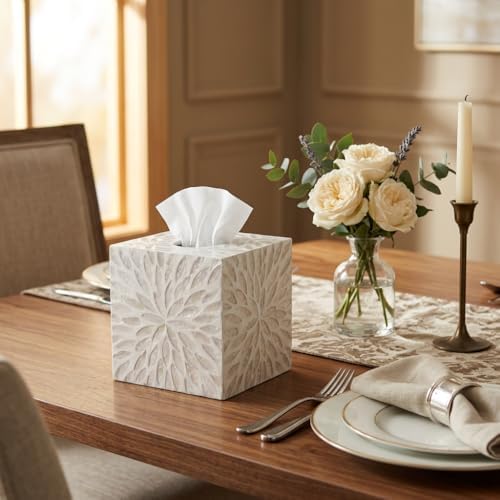 Mother of Pearl Tissue Box Cover, Decorative Tissue Box Holder Square Fits Kleenex & Puffs Tissue Box Cube for Coffee Table, Living Room, Kitchen & Dining Room (White)