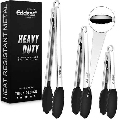 Kitchen Tongs with Silicone Tips, Heat Resistant 600 Degrees All Metal handle Locking Tongs For Cooking with Rubber Tips, Heavy Duty Stainless steel Food Tongs, Set of 3-7" 9" & 12" Black