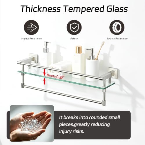 Alise Bathroom Shelf with Towel Bar, 20" Glass Bathroom Shelf Wall Mounted