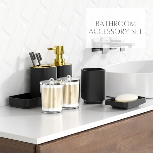 Black Bathroom Set, 9-Piece Accessories with Press-Top Trash Can