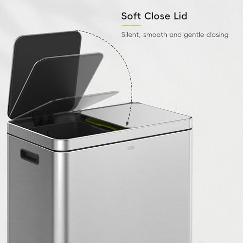 EKO Edison Dual Trash Can for Recycling and Trash, 8+8 Gallons Kitchen Garbage Can with Dual Removable Inner Liners, Independent Lids and Pedals, Matte Stainless Steel