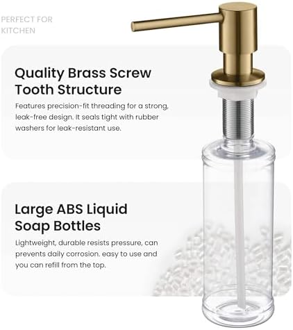 Kibi Kitchen Soap Dispenser – Lead-Free Solid Brass, Top-Fill Refillable Liquid Dispenser, 8.5 oz Capacity, Rust & Corrosion Resistant, Countertop Accessory for Kitchen & Bar Sink (Brushed Brass)