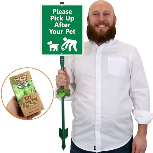 SmartSign Please Pick Up After Your Pet Yard Sign (Green/White), Clip-On Preloaded Dispenser Combo/Kit with 135 Dog Poop Waste Bags, 10"x12" Rust-proof Aluminum Sign with 3ft Steel Stake