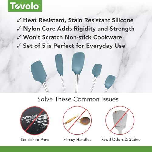 Tovolo Stainless Steel Handled Silicone Spatula Set of 5, Dishwasher Safe Kitchen Spatula Set for Cooking Baking, BPA Free Silicone Spatula set with Metal Steel Handle, Blue Slate