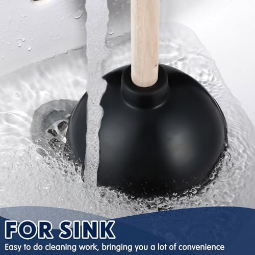 Dandat 6 Pcs Heavy Duty Rubber Toilet Plunger with Wooden Handle, Black