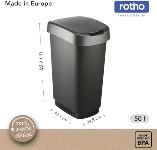Rotho Twist Kitchen Bin Set of 3 10 L 25 L 50 L Lid Black/Silver