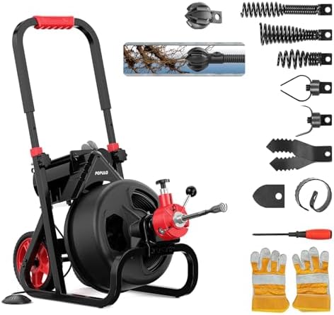 POPULO Auto Feed 50FT Electric Drain Snake with Mobile 8-Inch Wheel and 580W Power,1/2-Inch Drain Snake for 2”-4" Sewer Pipes, 50FT Drain Auger Includes 8 Attachments Heads and Glove
