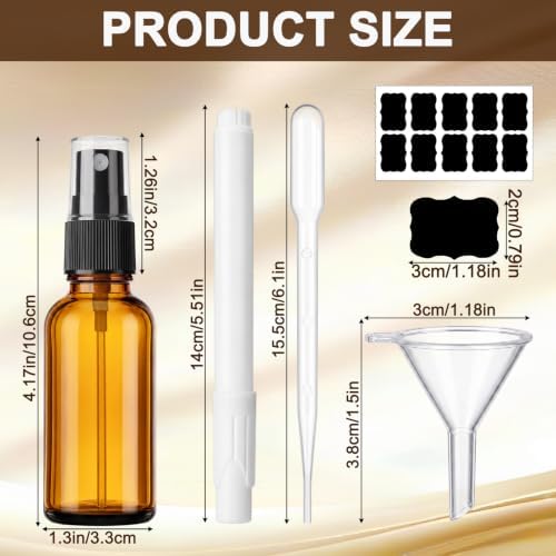 60 Pack 1oz Amber Glass Spray Bottles Portable Travel Bottles with Mini Funnel Dropper Labels and Marker Refillable Spray Bottle for Cosmetic Essential Oils Skin Care Daily Cleaning