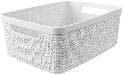 Curver Set of 8 Small 4.5L Jute Decorative Plastic Organization and Storage Baskets - Perfect Bins for Home Office, Closet Shelves, Kitchen Pantry and All Bedroom Essentials, White