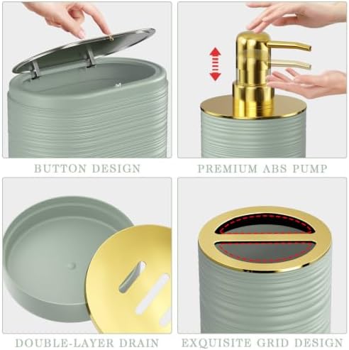 Bathroom Set, 10PC Bathroom Accessory Set, Sage Green Bathroom Accessories, Sage Green and Gold Bathroom Set with Trash Can, Soap Dispensers