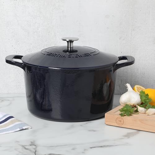 Martha Stewart Gatwick 7 QT Enamel Cast Iron Dutch Oven – Navy Blue, Heavy-Duty Durable Dutch Oven for Slow Cooking, Braising, and Baking