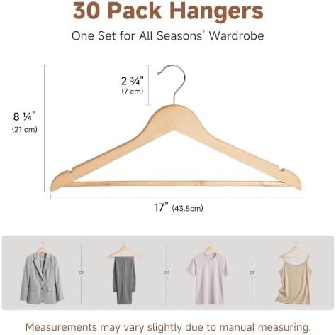 StorageWorks Wooden Coat Hangers, 30 Pack Wood Clothes Hanger for Closet