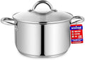 Stainless Steel Stockpot with Tempered Glass Lid 5 Quart, Durable 18/0 Stainless Steel, Impact-Bonded Base for Even Heating, Riveted Handles, Oven & All Stove Compatible, Safe Up To 500°F (260°C)