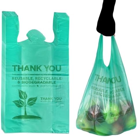 KitchenDine Eco Green Plastic Bags - 500 Count Biodegradable Shopping -Thank You - 22" x 12" Carry Out Bags. (500)