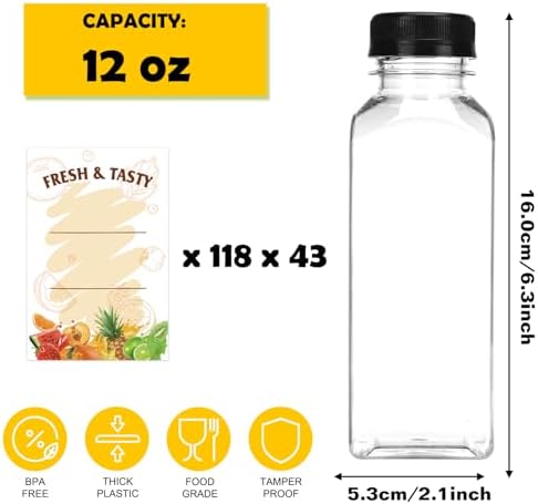 BAKHUK 5074pcs 12oz Empty Plastic Juice Bottles with Caps, Sticker Labels
