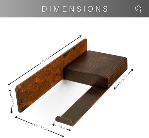 Wall Mount Toilet Paper Holder, Floating Rustic Style WC Roll Rack with Shelf, Unique Brown Steel TP Storage with Ashwood, Farmhouse Design