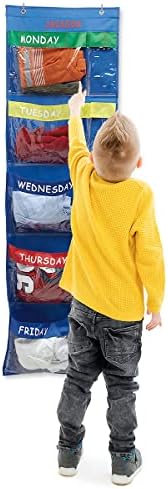 Lillian Vernon Primary Colors Days Of The Week Hanging Clothing Organizer–Personalize With Name, Weekly Monday-Friday Over Door Weekday Kids Clothes Storage System, Sturdy Primary Poly, 19-1/2" x 62"