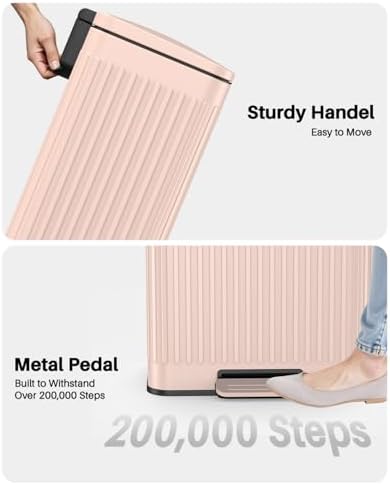 Lovewind 60 Liter/ 16 Gallon Stainless Steel Trash Can with Soft-Close Lid, Large Footstep Garbage Can with Roman Texture, Removable Inner Buckets, Recycling Bin for Kitchen Office, Pink