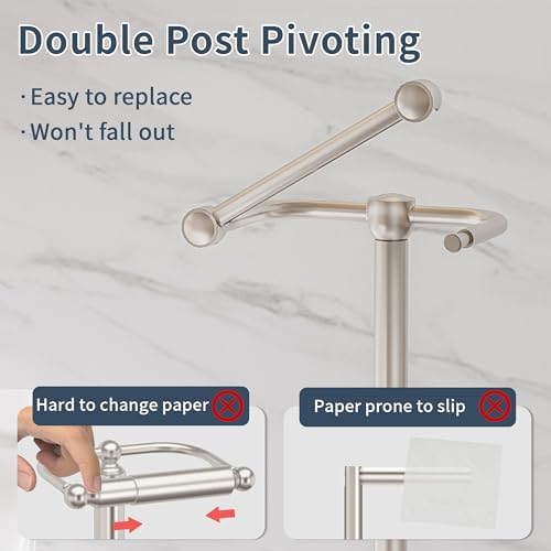 RARXTR Toilet Paper Holder Stand, Post Pivoting Design Free Standing Toilet Paper Holder with Storage for 4 Rolls, SUS304 Stainless Steel Tissue Holder with Reserve, Heavy-Duty Base (Brushed Nickel)
