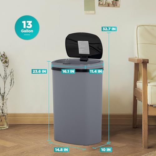 BestOffice | 13 Gallon Plastic Trash Can with Lid | Gray