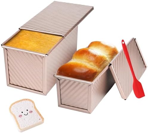 2 Pack Pullman Loaf Pan with Lid, 1 lb/0.5 lb Dough Capacity for Homemade Bread, Non-stick Corrugated Carbon Steel Bread Toast Box with Cover for Bakeware, Sandwich & Toast Oven Baking, Gold