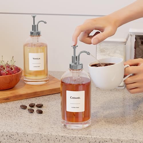16.9 oz/500 ml Coffee Syrup Dispenser Set - 4 Glass Bottles with Silver Pumper and Syrup Labels - Precise Dispensing and Stylish Addition to Coffee Shop, Cafe or Home Bar