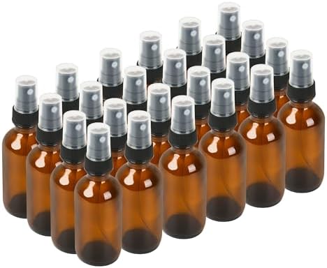 BILLIONSTARS 24 Pack 2oz Glass Boston Round Bottle with Fine Mist Sprayer - Amber - Essential Oils, Bath, Beauty, Hair & Cleaning - Leakproof Travel Bottles