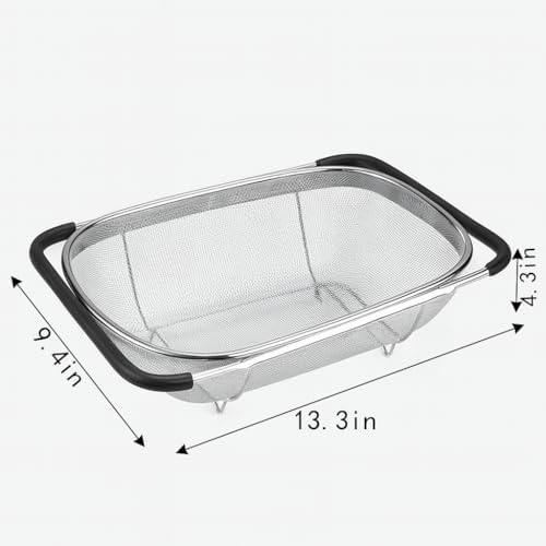 3 PackPremium Quality Over The Sink Stainless Steel Oval Colander with Fine Mesh 6 Quart Strainer Basket & Expandable Rubber Grip Handles - Strain, Drain, Rinse Fruits, Vegetables