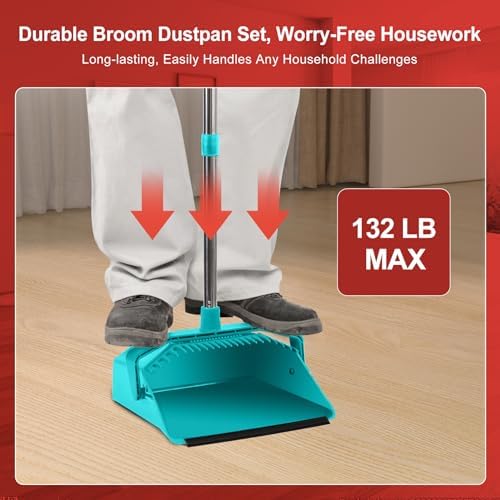 Broom and Dustpan Set for Home, 51" Long Handle Standing Dustpan Blue
