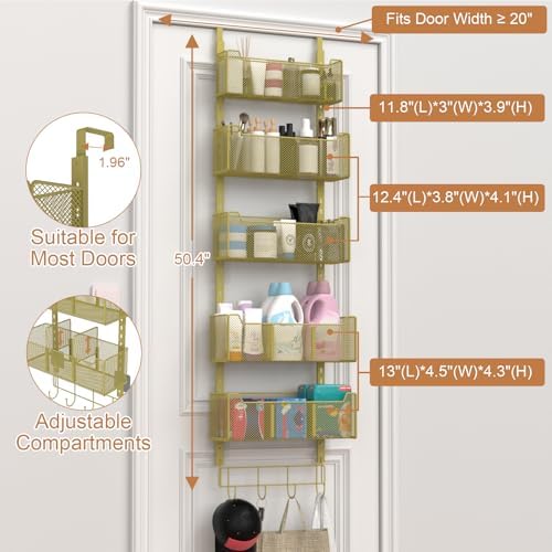 VyGrow Over The Door Organizer, Metal Door Organizer Hanging with 5 Adjustable Baskets and Coat Hook, Behind The Door Storage for Bedroom Closet Bathroom Pantry Cabinet Kitchen, Gold