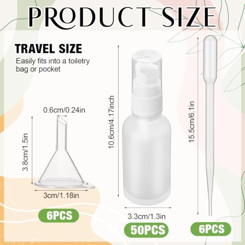 50 Pcs 30ml Empty Refillable Frosted White Glass Pump Bottles with Clear Top, 6 Funnel, 6 Droppers, Travel Size Cosmetic Dispenser for Cream, Lotion, Sample, Liquids Aromatherapy