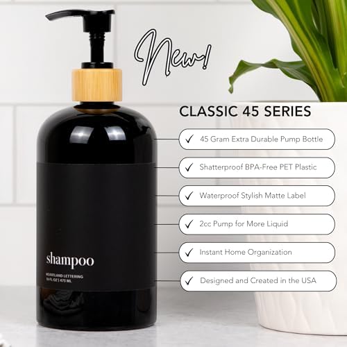 Heartland Lettering's Stylish Glossy Black Shampoo Dispensers with Matte Black Labels, Set of 3 Modern Shatterproof Plastic Bottles with Bamboo Pumps Instantly add Organization to Your Bathroom
