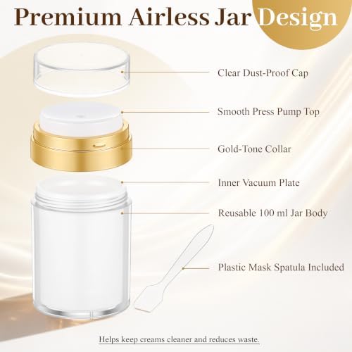 Meanplan 12 Pack Airless Pump Jar Set, 3.4 oz Airless Pump Bottles with Mini Makeup Spatula, Refillable Travel Lotion Container, Vacuum Bottle Dispenser for Lotion Moisturizer Sunscreen, 100 ml