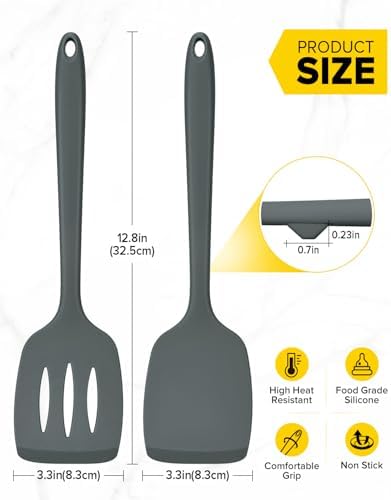 Pack of 2 Silicone Spatula Turners, Non Stick Slotted Kitchen Spatula Set, Heat Resistant BPA Free Kitchen Utensils, One-Piece Design, Suitable for Flipping Fish, Eggs, Steak, Pancakes(GRAY)