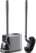 HAMITOR Toilet Plunger and Brush Set for Bathroom Cleaning with Extented Handle - Heavy Duty Toilet Plunger Combo Accessories with Caddy Stand Holder for Small Space - Gray
