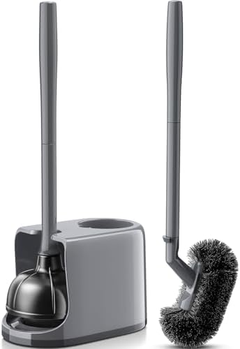 HAMITOR Toilet Plunger and Brush Set for Bathroom Cleaning with Extented Handle - Heavy Duty Toilet Plunger Combo Accessories with Caddy Stand Holder for Small Space - Gray
