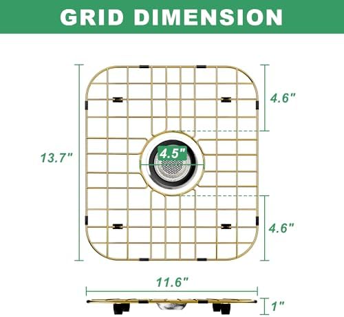 Golden Kitchen Sink Rack,13.7”x11.6” Sink Protector for Kitchen Sink with Centered Drain,Stainless Steel Sink Grate with Strainer, Metal Sink Grid with Corner Radius 2" for Bottom of Sink,1 pack