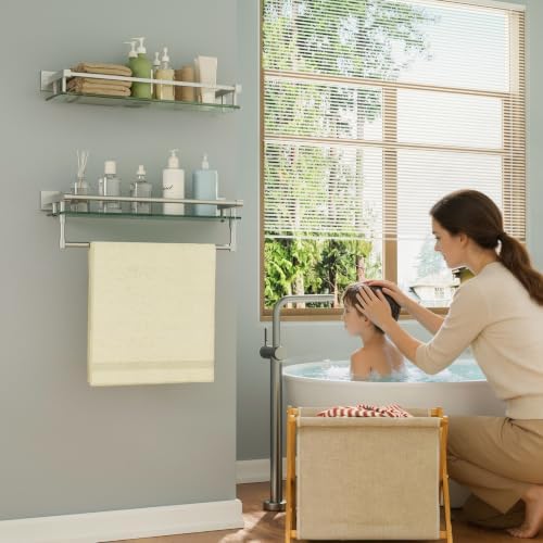 Alise Bathroom Shelf with Towel Bar, 20" Glass Bathroom Shelf Wall Mounted