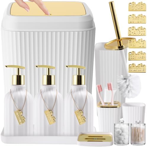 17PCS Bathroom Accessories Set, White Bathroom Set Bathroom Accessories Set with Trash Can, Toilet Brush, Toothbrush Holder, Qtip Holder & 3PCS Soap Dispenser